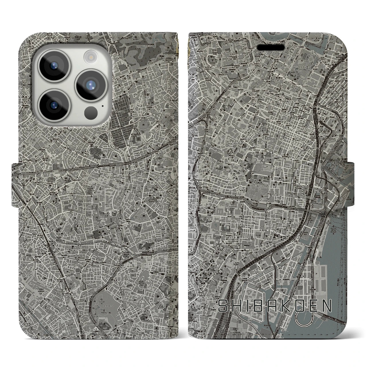 【芝公園(東京都)】地図柄iPhoneケース(手帳タイプ)モノトーン・iPhone 15 Pro 用