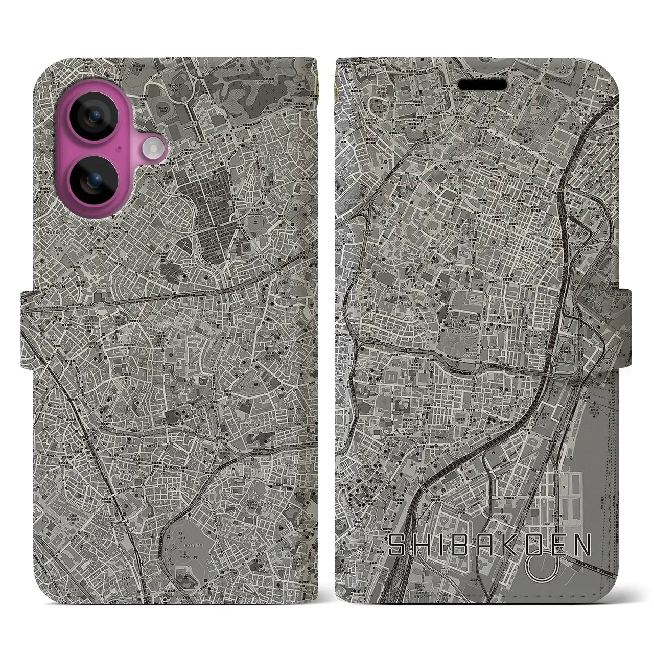 【芝公園(東京都)】地図柄iPhoneケース(手帳タイプ)モノトーン・iPhone 16 Pro 用
