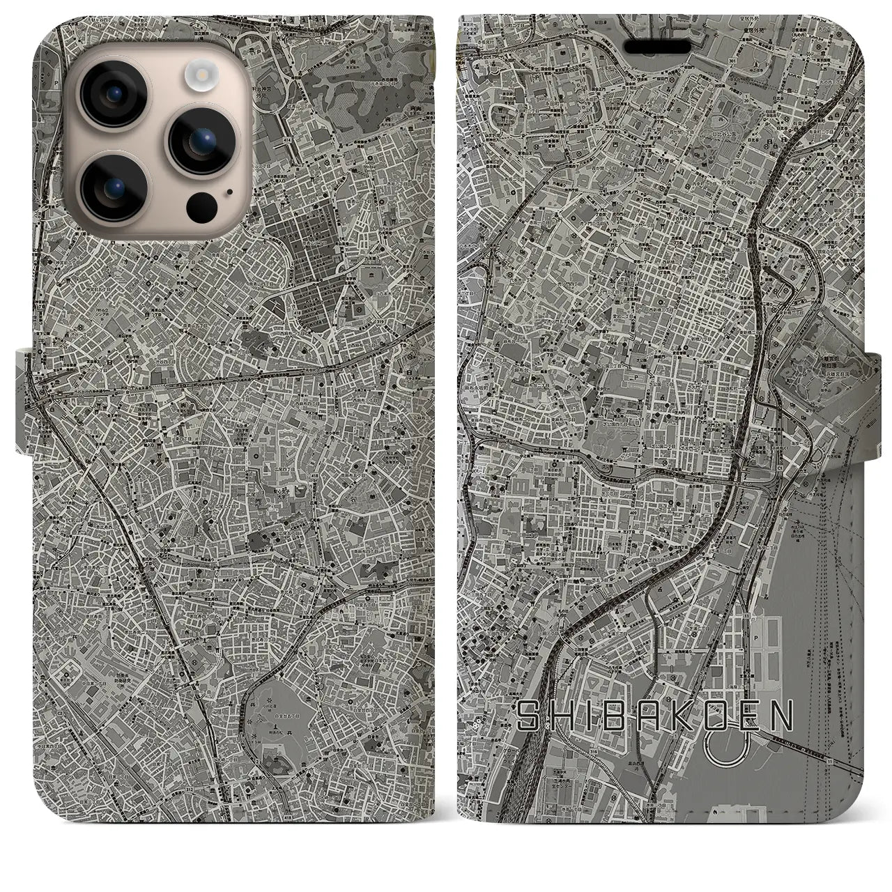 【芝公園(東京都)】地図柄iPhoneケース(手帳タイプ)モノトーン・iPhone 16 Plus 用