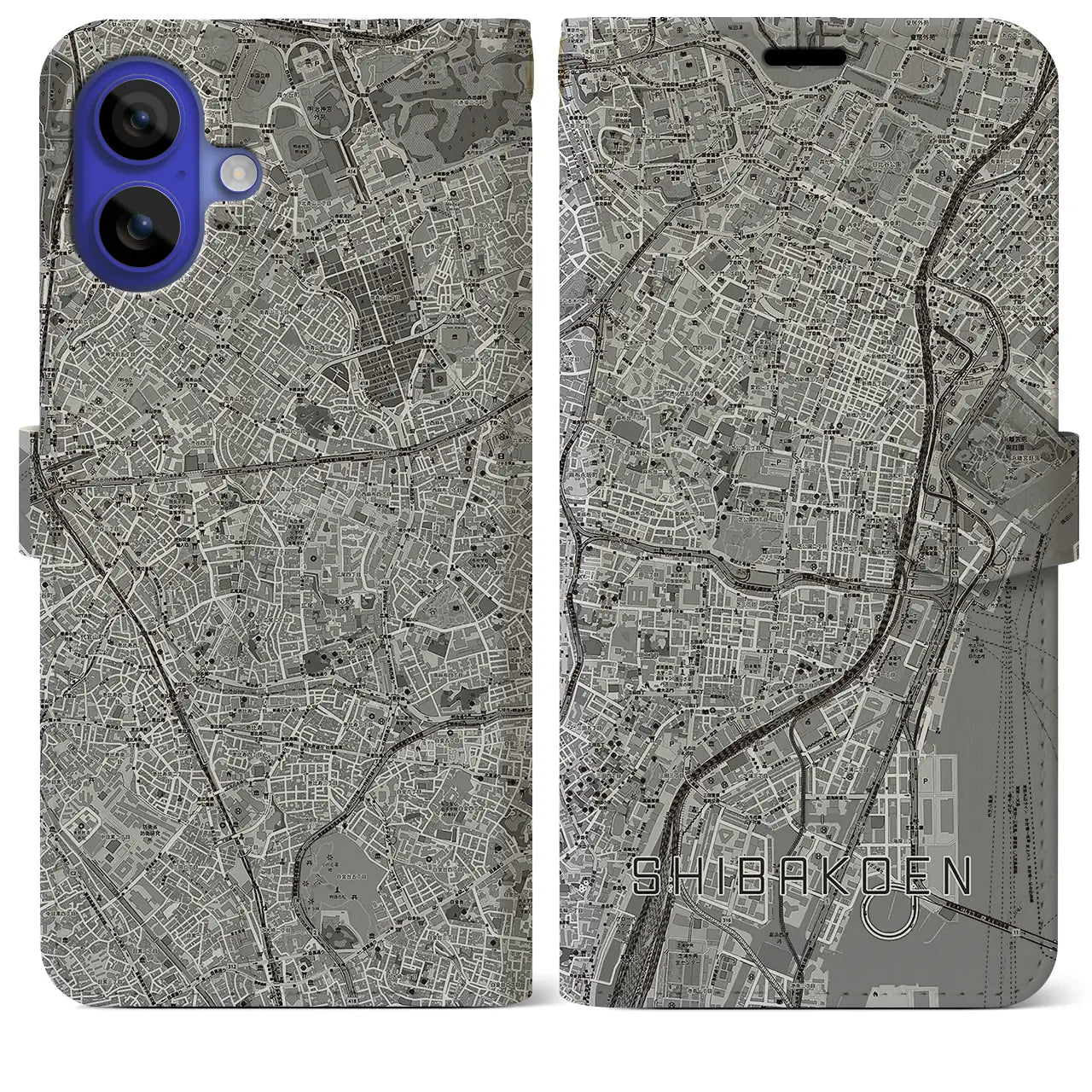 【芝公園(東京都)】地図柄iPhoneケース(手帳タイプ)モノトーン・iPhone 16 Pro Max 用