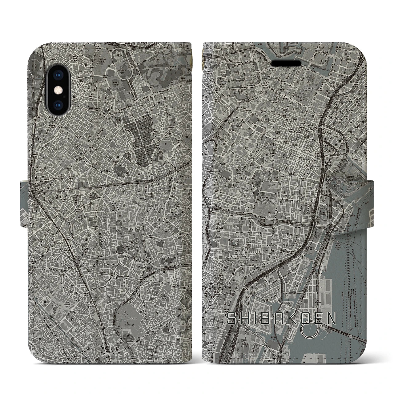 【芝公園(東京都)】地図柄iPhoneケース(手帳タイプ)モノトーン・iPhone XS / X 用