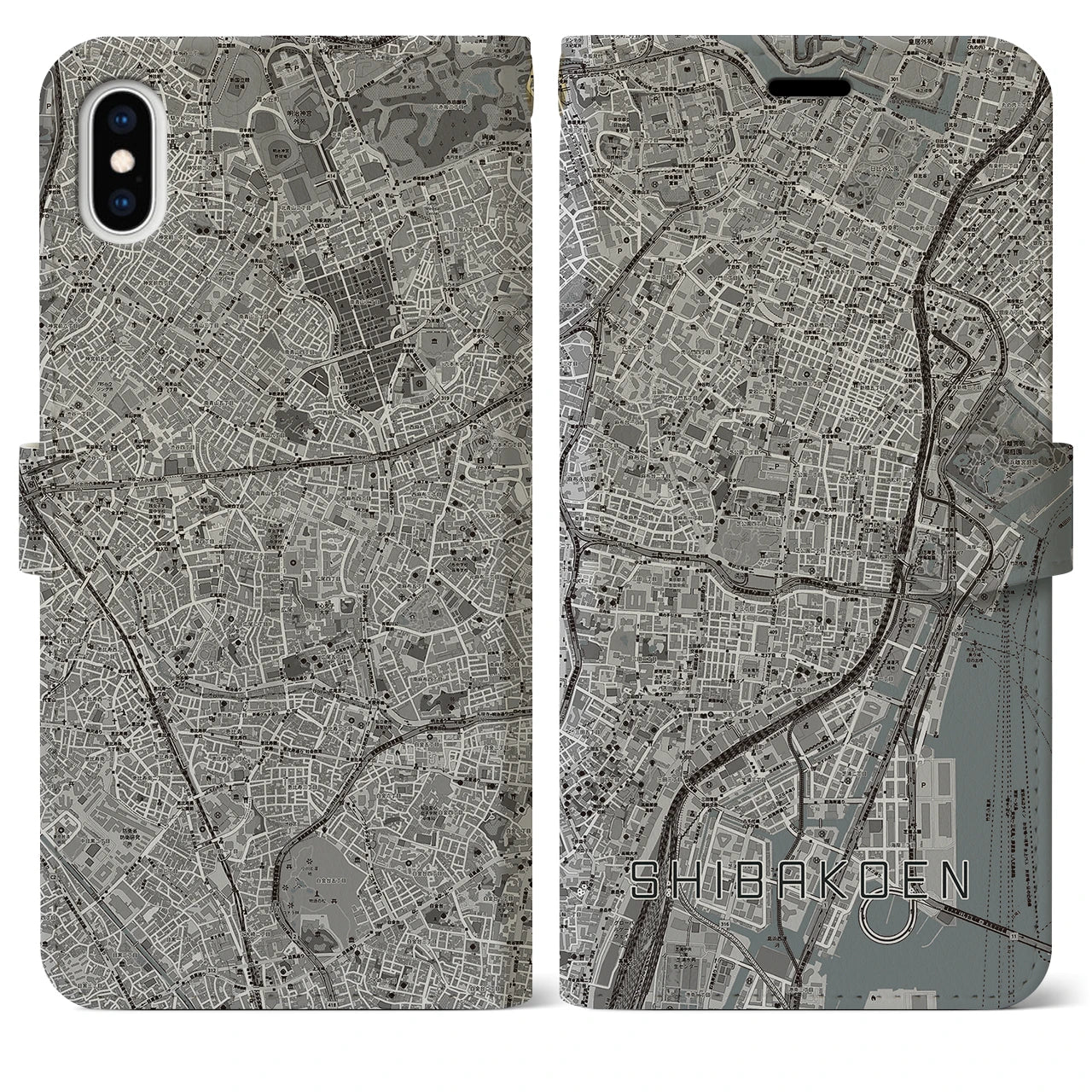 【芝公園(東京都)】地図柄iPhoneケース(手帳タイプ)モノトーン・iPhone XS Max 用