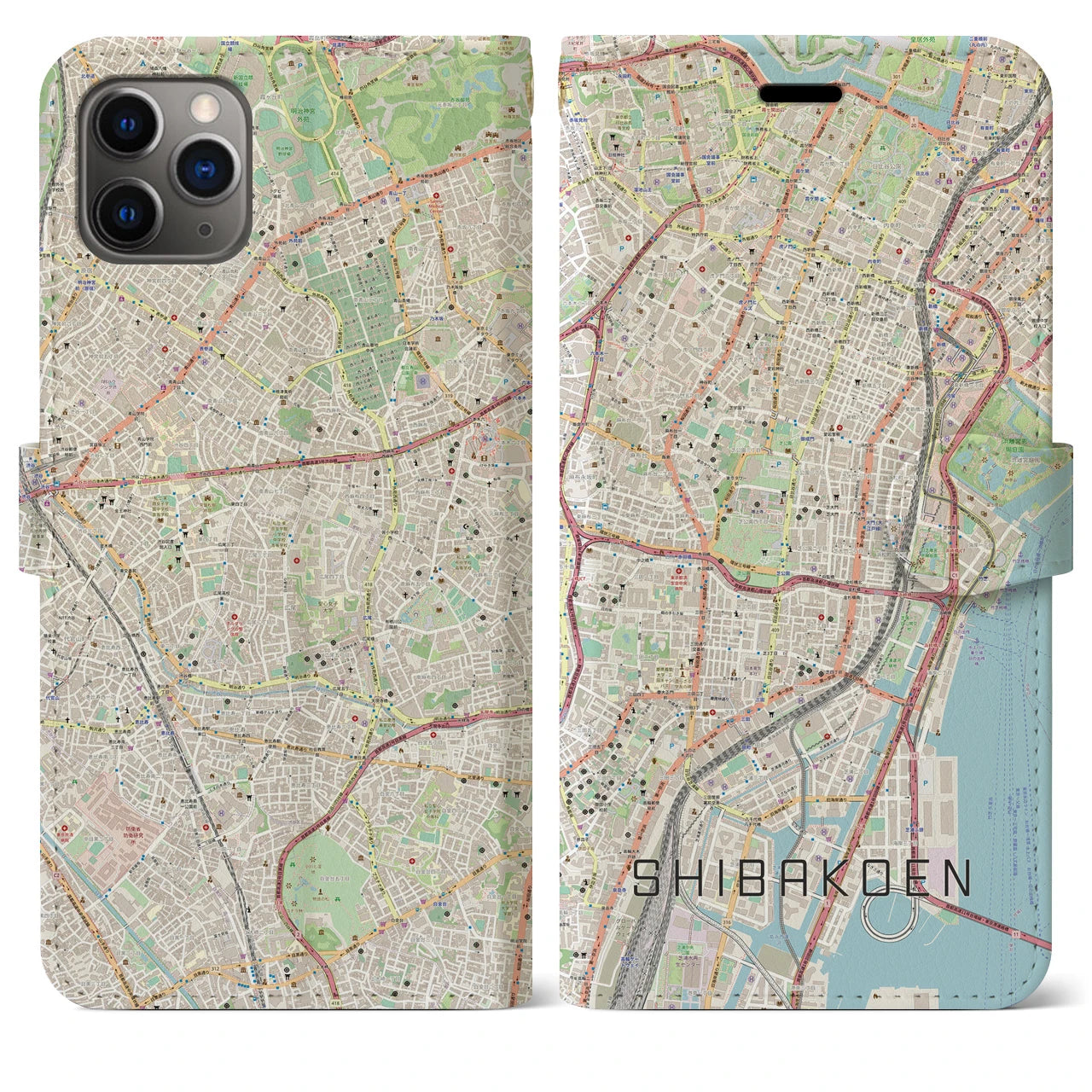 【芝公園(東京都)】地図柄iPhoneケース(手帳タイプ)ナチュラル・iPhone 11 Pro Max 用