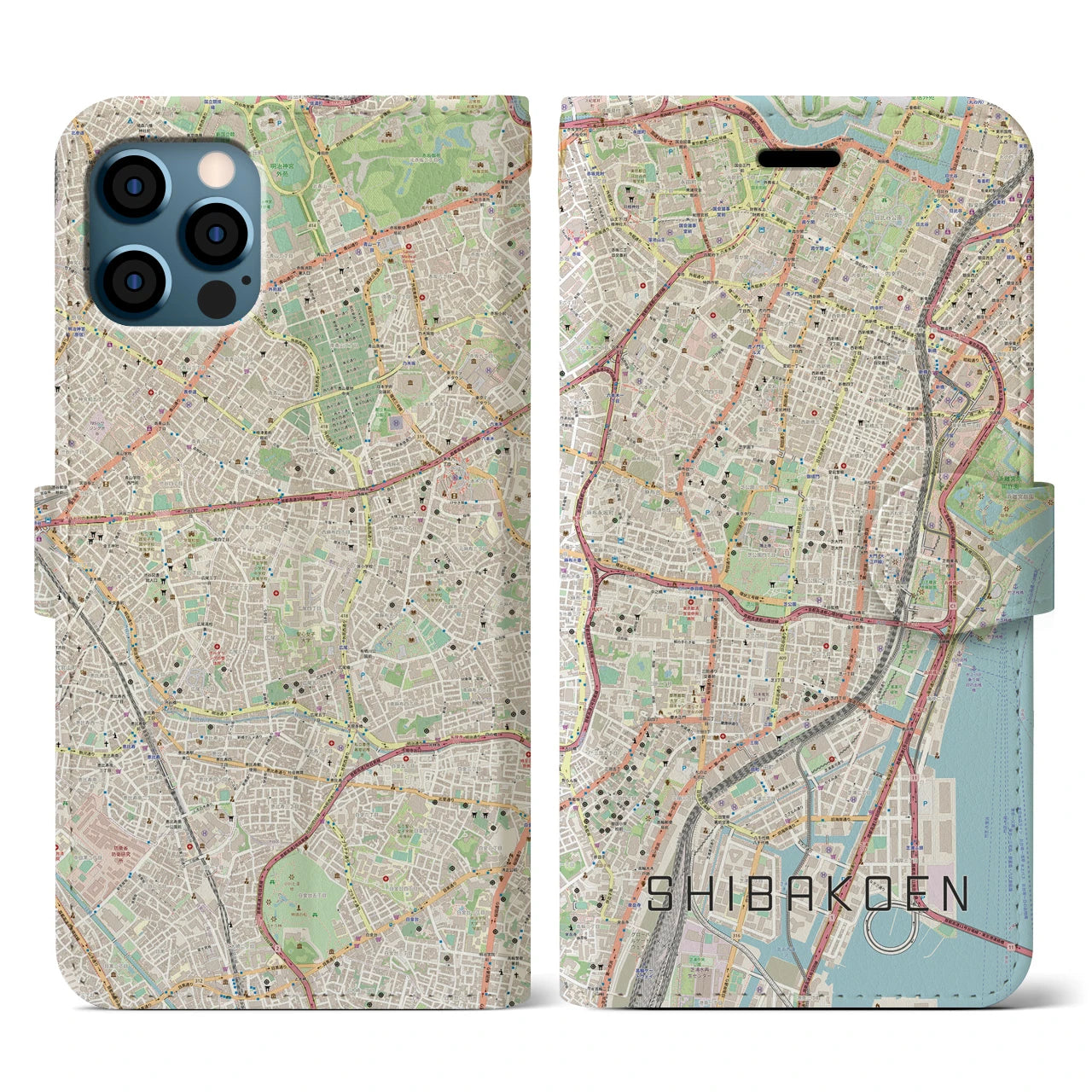 【芝公園(東京都)】地図柄iPhoneケース(手帳タイプ)ナチュラル・iPhone 12 / 12 Pro 用