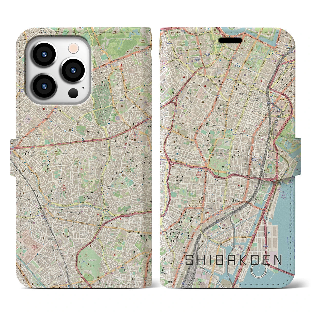 【芝公園(東京都)】地図柄iPhoneケース(手帳タイプ)ナチュラル・iPhone 13 Pro 用