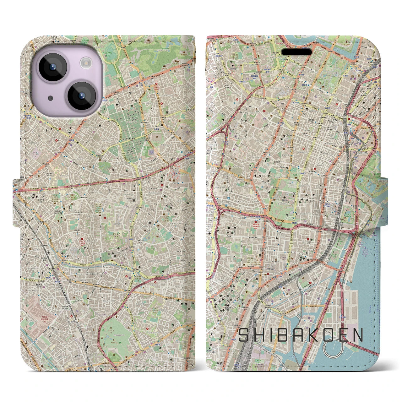 【芝公園(東京都)】地図柄iPhoneケース(手帳タイプ)ナチュラル・iPhone 14 用