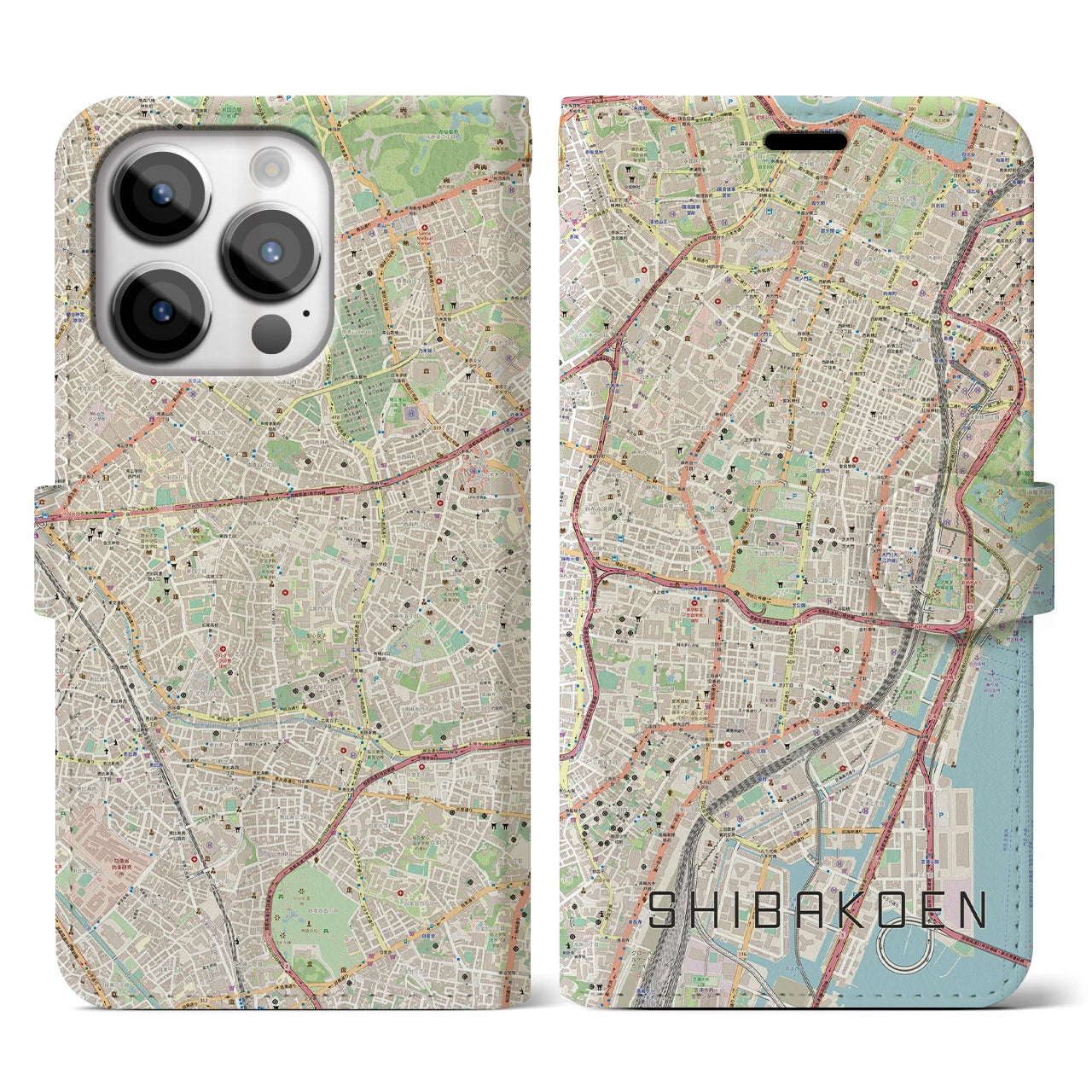 【芝公園(東京都)】地図柄iPhoneケース(手帳タイプ)ナチュラル・iPhone 14 Pro 用
