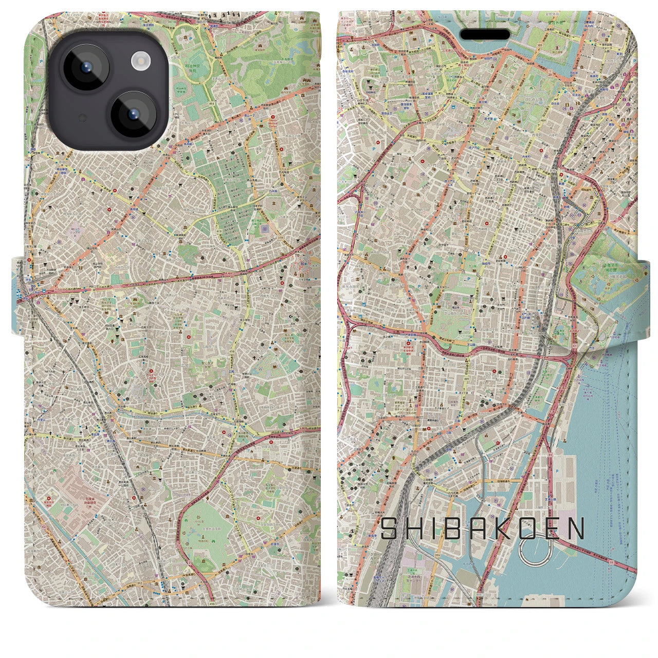 【芝公園(東京都)】地図柄iPhoneケース(手帳タイプ)ナチュラル・iPhone 14 Plus 用
