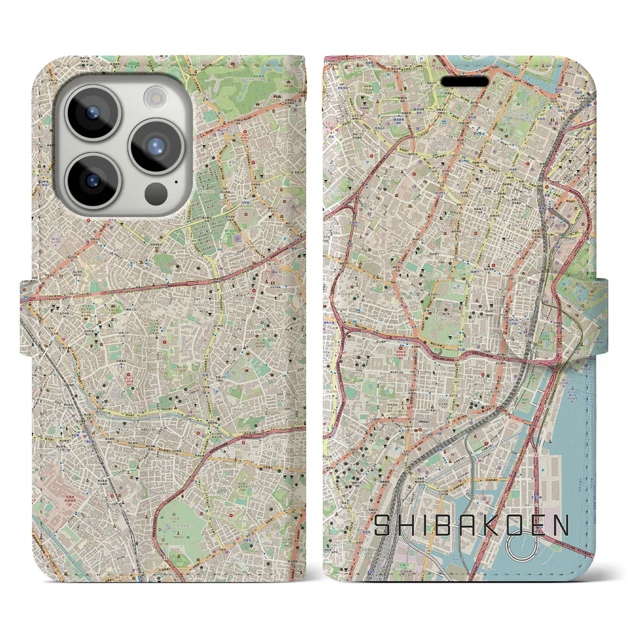 【芝公園(東京都)】地図柄iPhoneケース(手帳タイプ)ナチュラル・iPhone 15 Pro 用