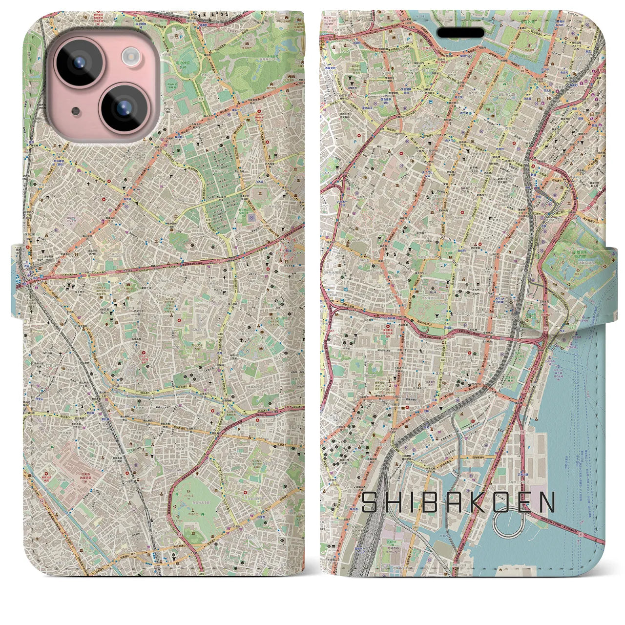 【芝公園(東京都)】地図柄iPhoneケース(手帳タイプ)ナチュラル・iPhone 15 Plus 用