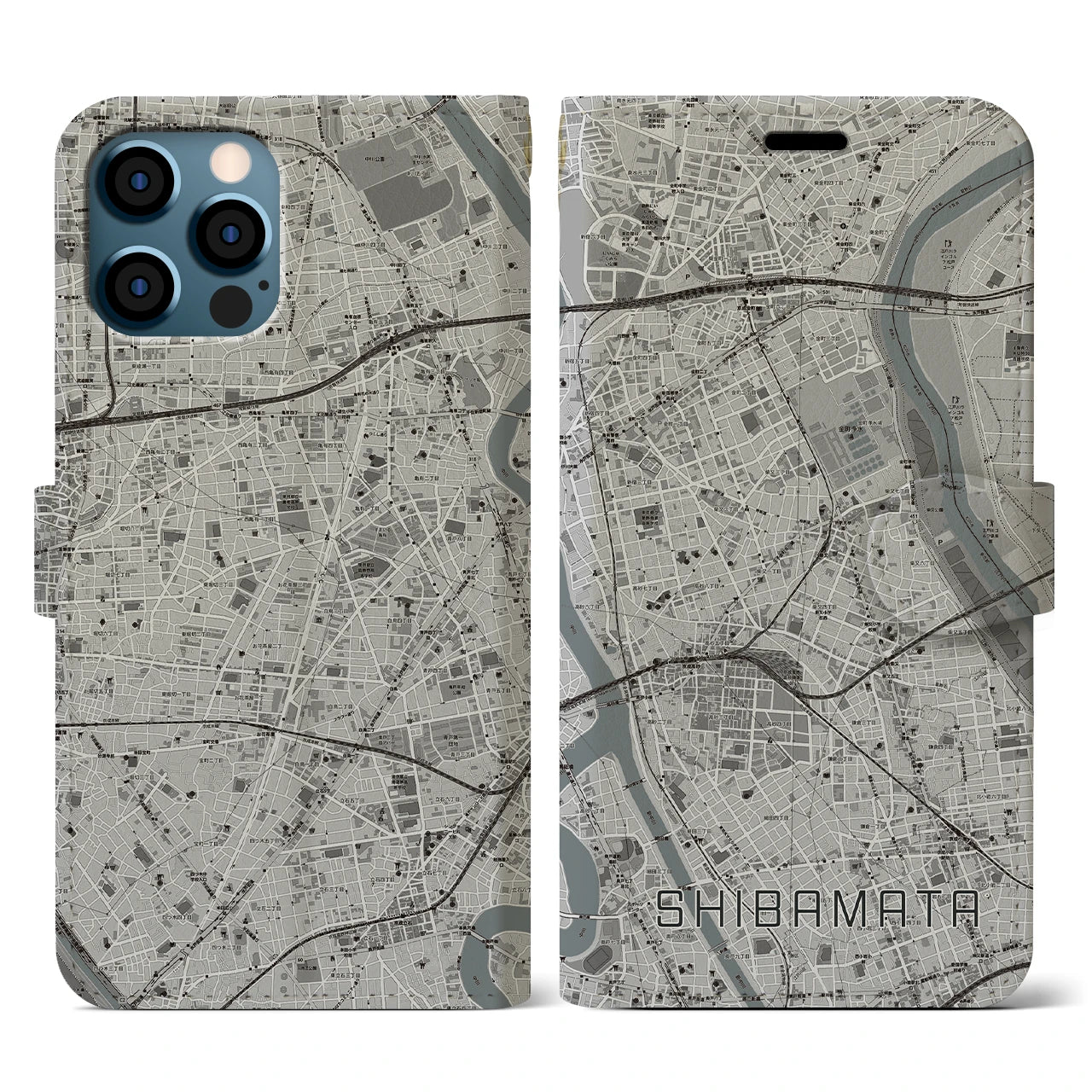【柴又(東京都)】地図柄iPhoneケース(手帳タイプ)モノトーン・iPhone 12 / 12 Pro 用