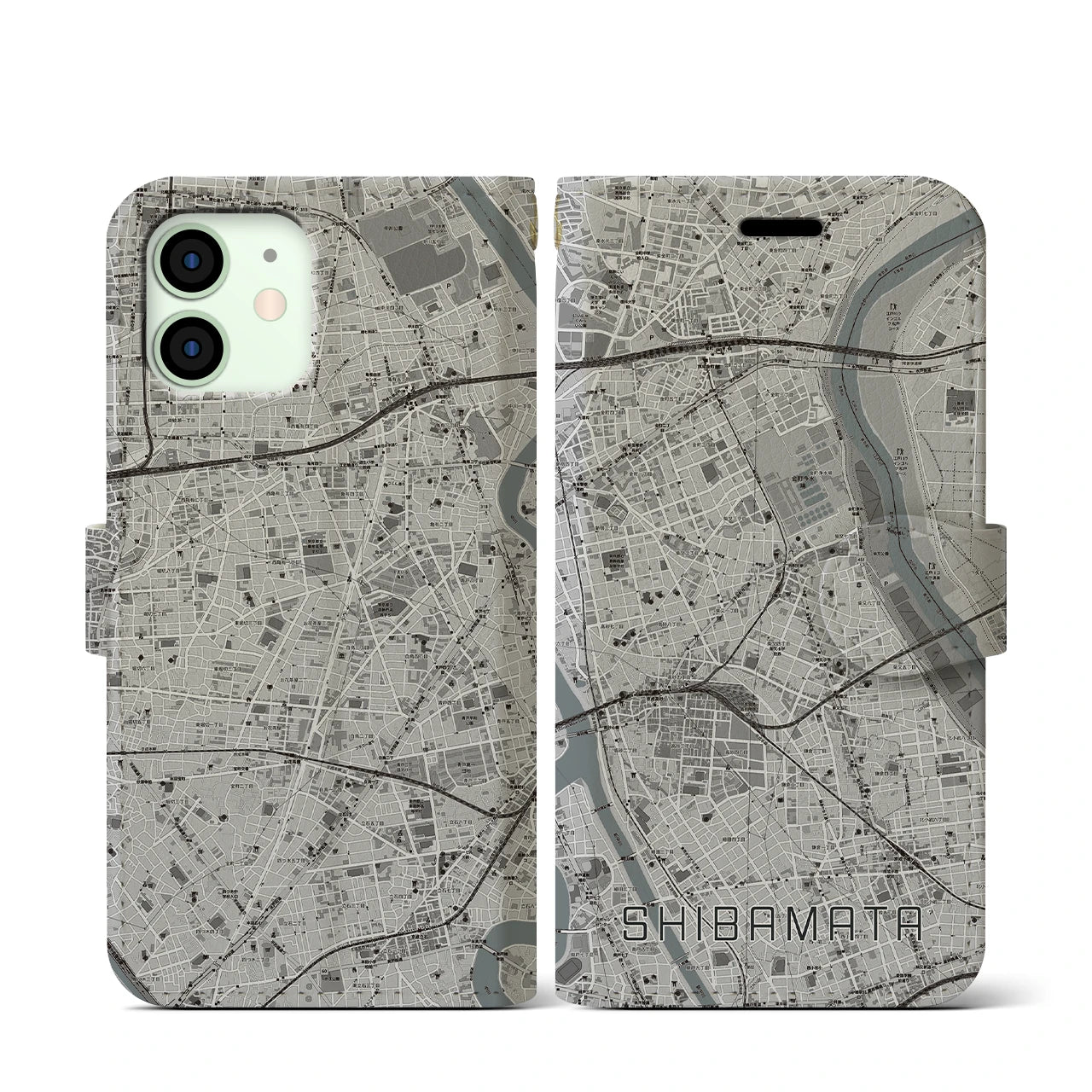 【柴又(東京都)】地図柄iPhoneケース(手帳タイプ)モノトーン・iPhone 12 mini 用