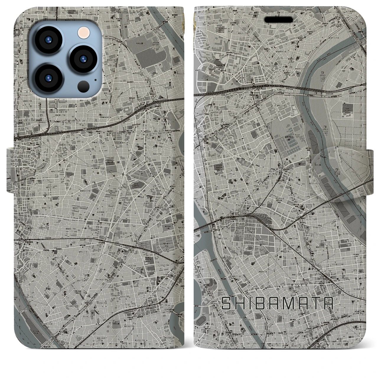 【柴又(東京都)】地図柄iPhoneケース(手帳タイプ)モノトーン・iPhone 13 Pro Max 用