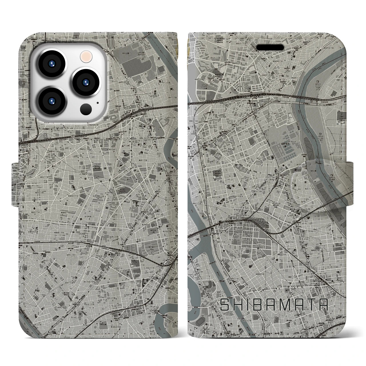 【柴又(東京都)】地図柄iPhoneケース(手帳タイプ)モノトーン・iPhone 13 Pro 用