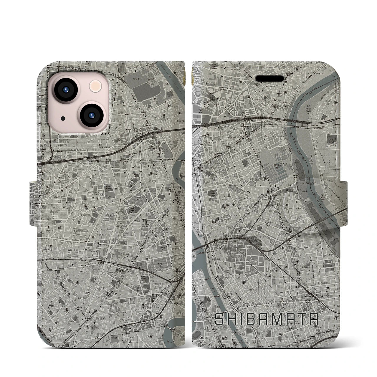 【柴又(東京都)】地図柄iPhoneケース(手帳タイプ)モノトーン・iPhone 13 mini 用