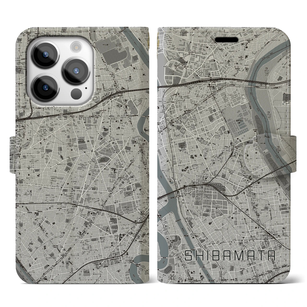 【柴又(東京都)】地図柄iPhoneケース(手帳タイプ)モノトーン・iPhone 14 Pro 用
