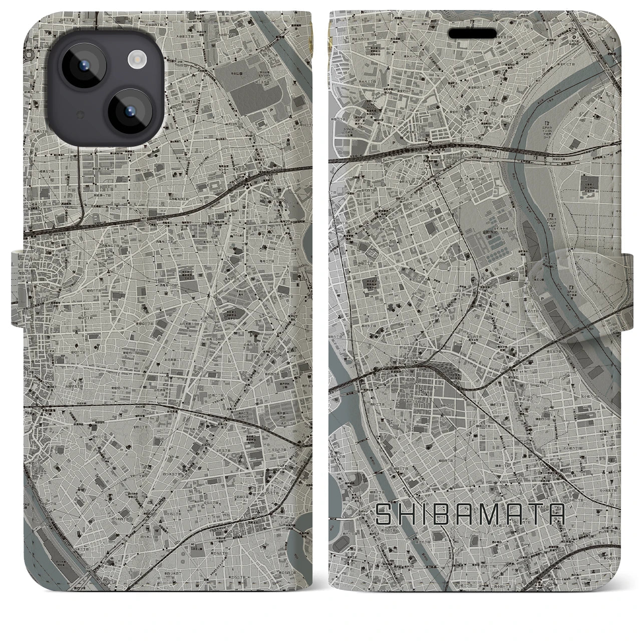 【柴又(東京都)】地図柄iPhoneケース(手帳タイプ)モノトーン・iPhone 14 Plus 用