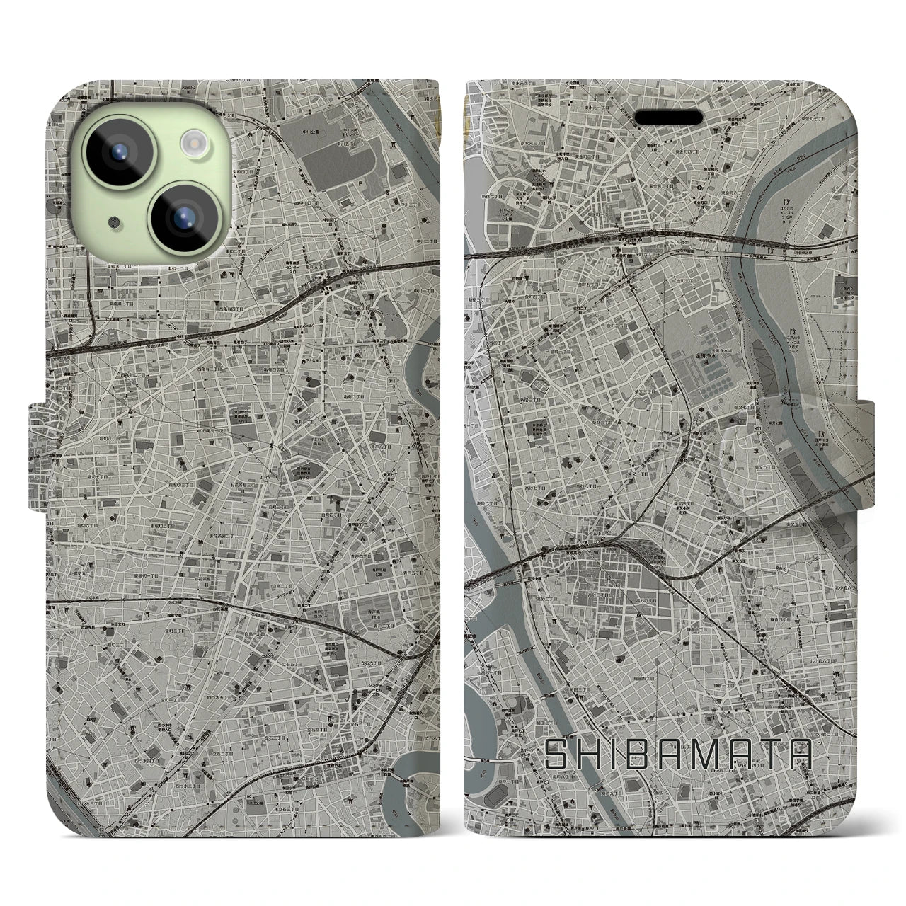 【柴又(東京都)】地図柄iPhoneケース(手帳タイプ)モノトーン・iPhone 15 用