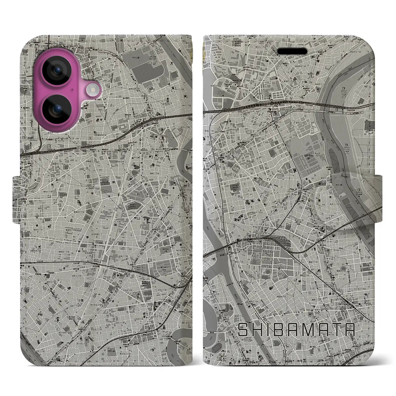 【柴又(東京都)】地図柄iPhoneケース(手帳タイプ)モノトーン・iPhone 16 Pro 用