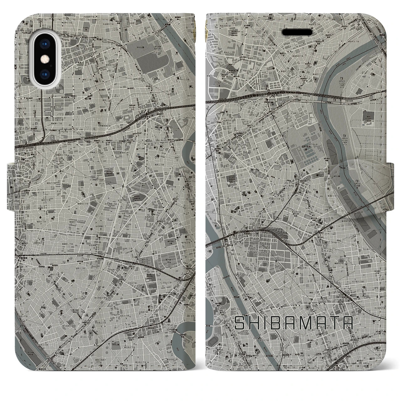 【柴又(東京都)】地図柄iPhoneケース(手帳タイプ)モノトーン・iPhone XS Max 用