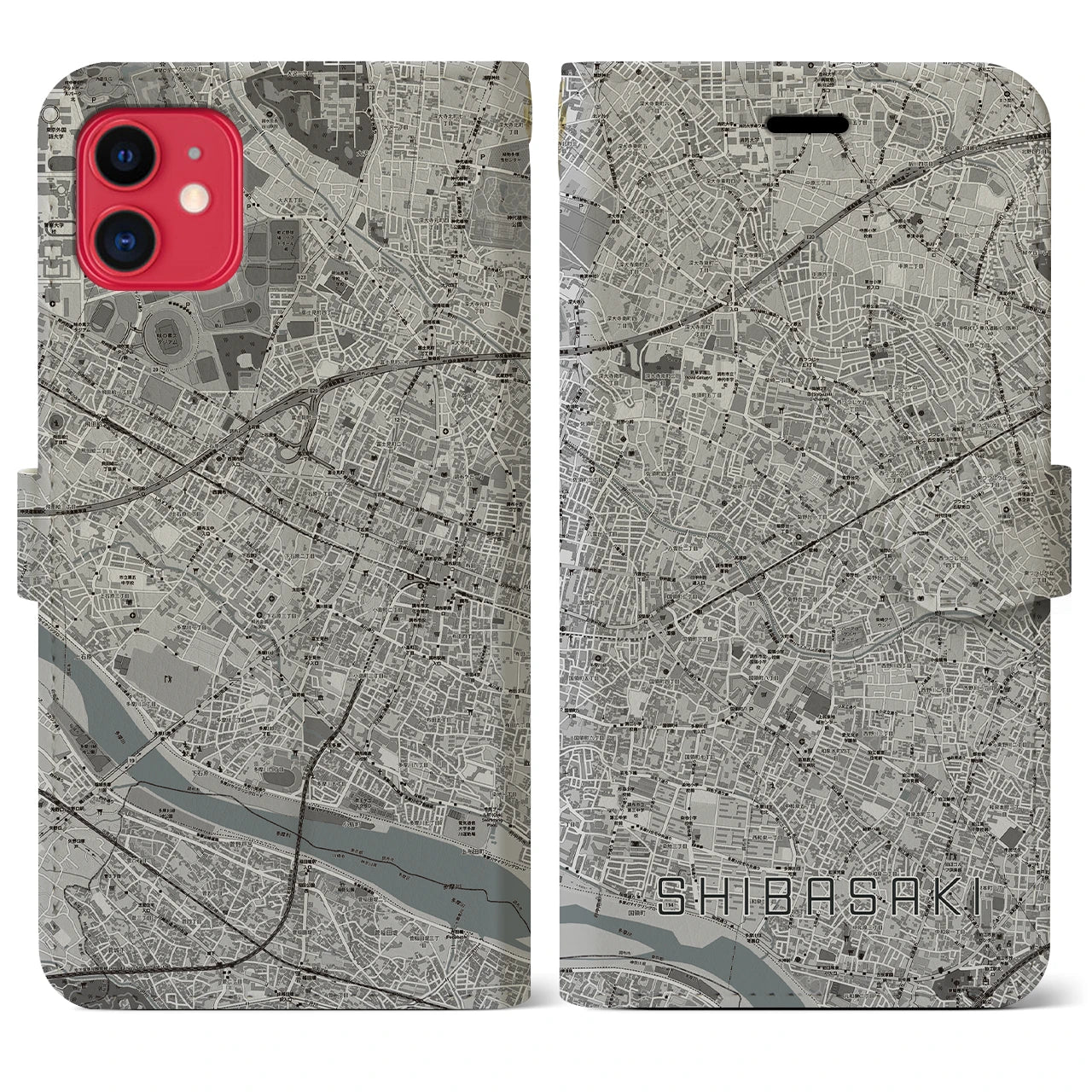 【柴崎(東京都)】地図柄iPhoneケース(手帳タイプ)モノトーン・iPhone 11 用