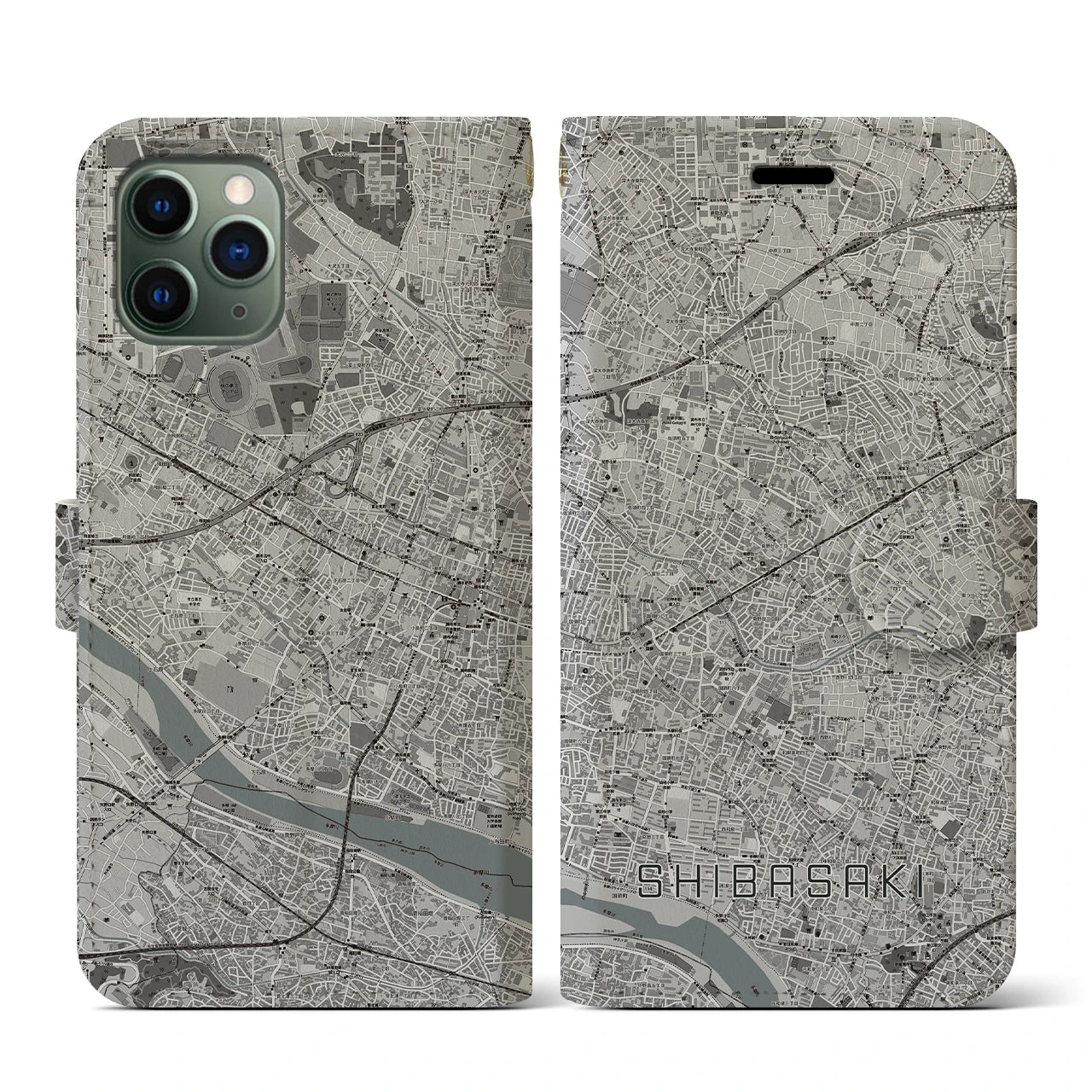 【柴崎(東京都)】地図柄iPhoneケース(手帳タイプ)モノトーン・iPhone 11 Pro 用