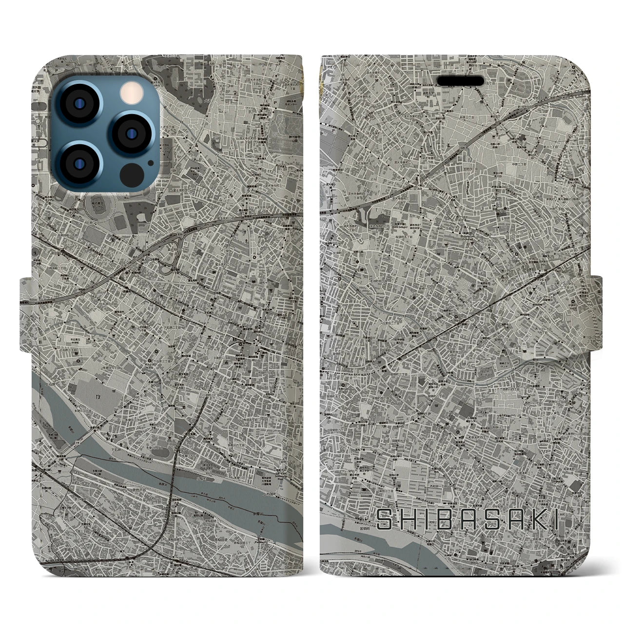 【柴崎(東京都)】地図柄iPhoneケース(手帳タイプ)モノトーン・iPhone 12 / 12 Pro 用