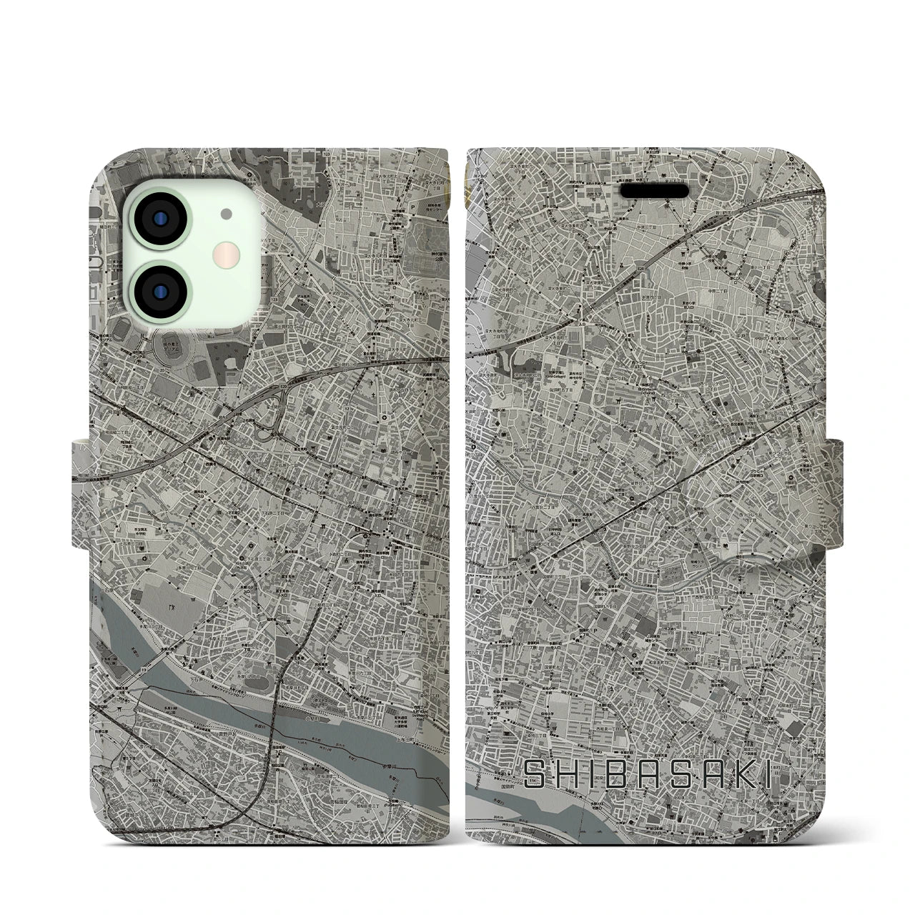 【柴崎(東京都)】地図柄iPhoneケース(手帳タイプ)モノトーン・iPhone 12 mini 用