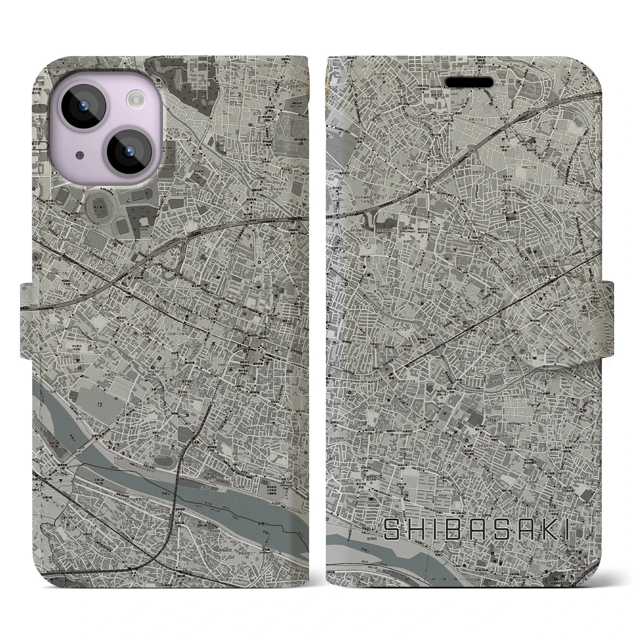 【柴崎(東京都)】地図柄iPhoneケース(手帳タイプ)モノトーン・iPhone 14 用