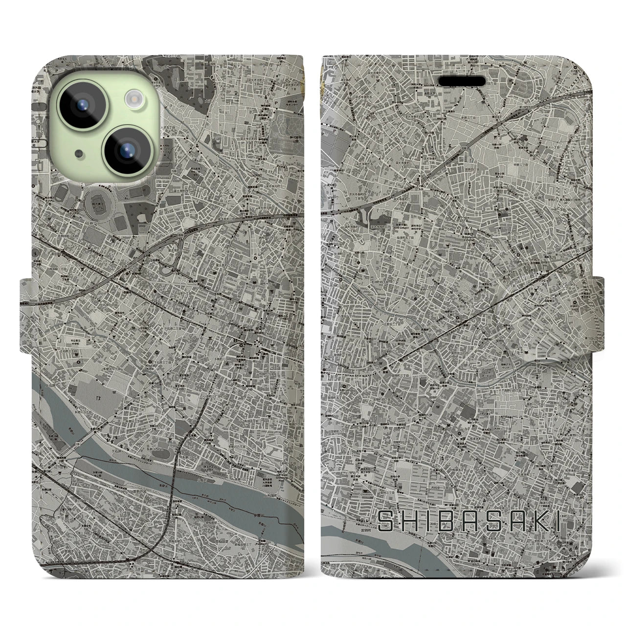 【柴崎(東京都)】地図柄iPhoneケース(手帳タイプ)モノトーン・iPhone 15 用