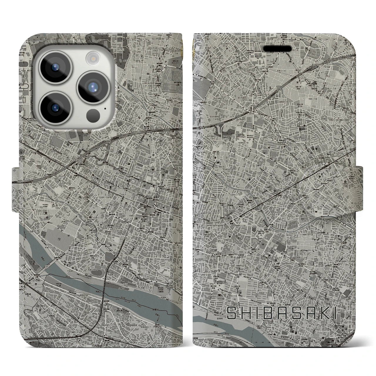 【柴崎(東京都)】地図柄iPhoneケース(手帳タイプ)モノトーン・iPhone 15 Pro 用