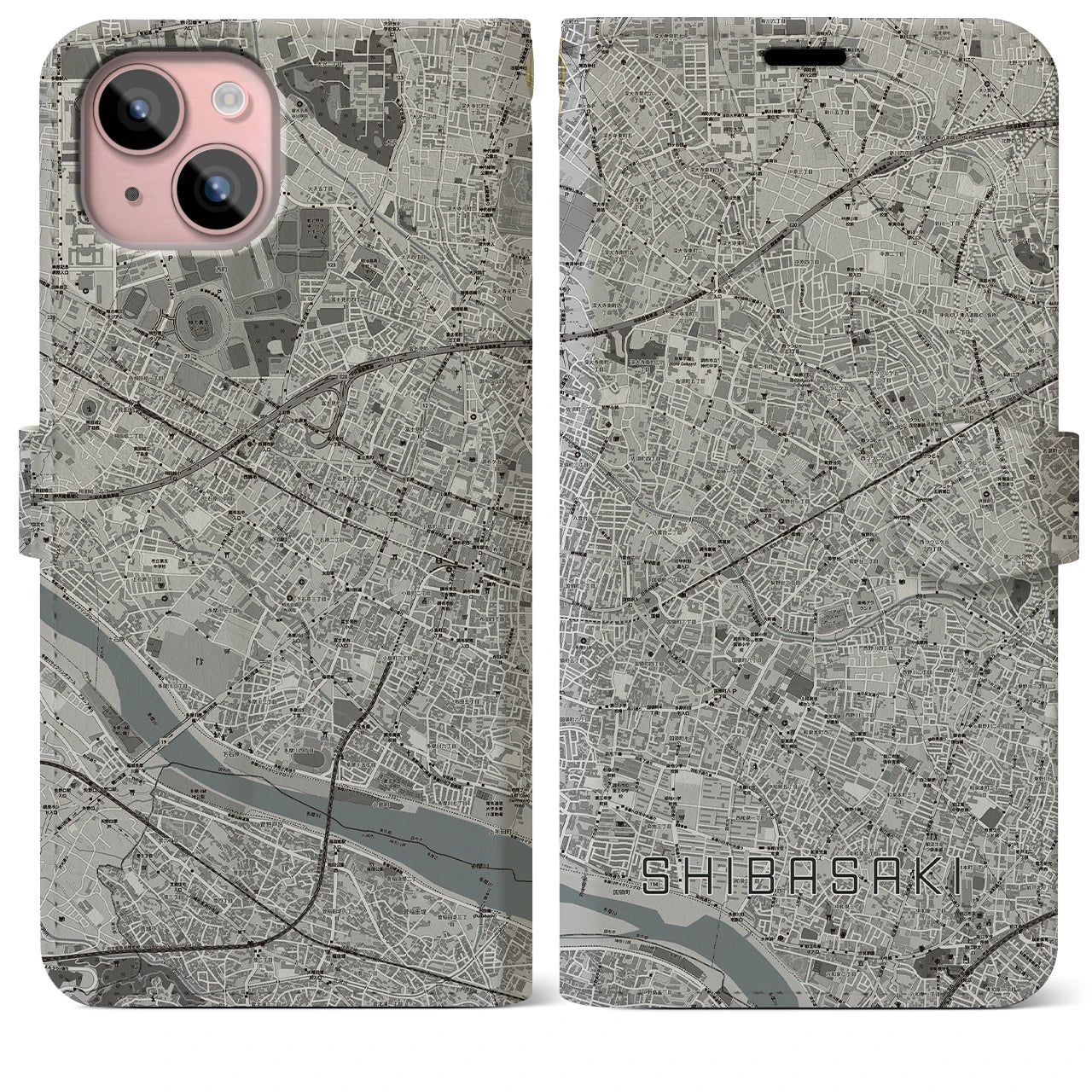 【柴崎(東京都)】地図柄iPhoneケース(手帳タイプ)モノトーン・iPhone 15 Plus 用