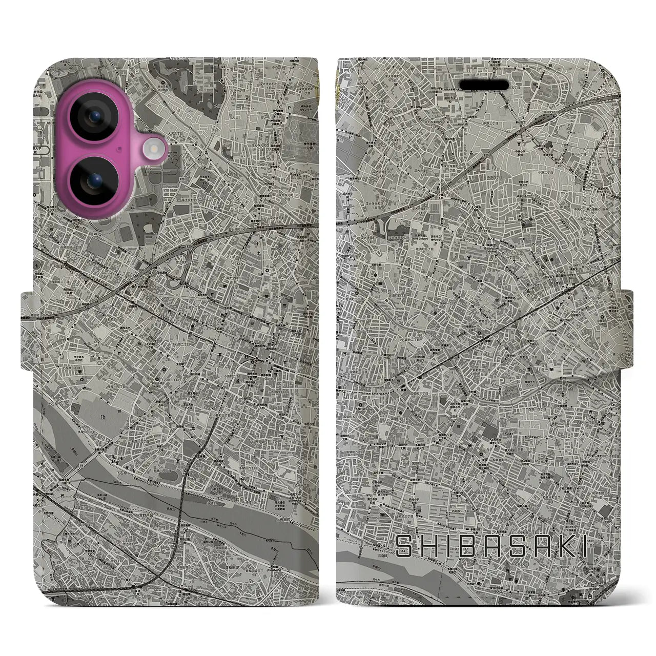 【柴崎(東京都)】地図柄iPhoneケース(手帳タイプ)モノトーン・iPhone 16 Pro 用