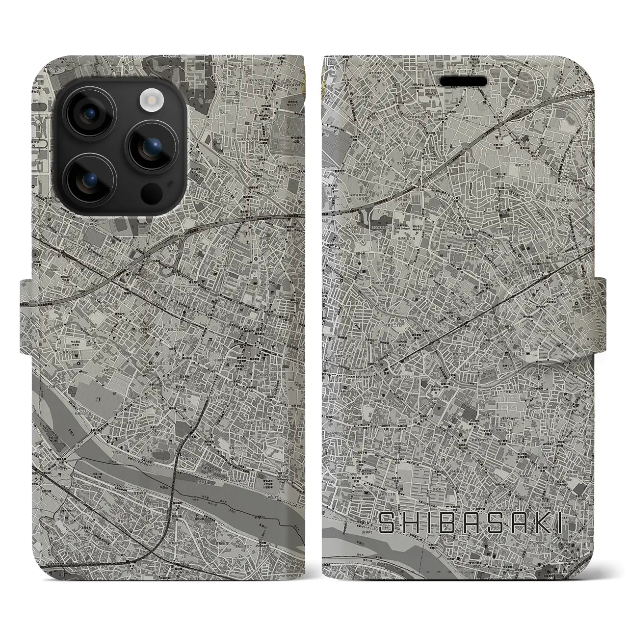 【柴崎(東京都)】地図柄iPhoneケース(手帳タイプ)モノトーン・iPhone 16 用