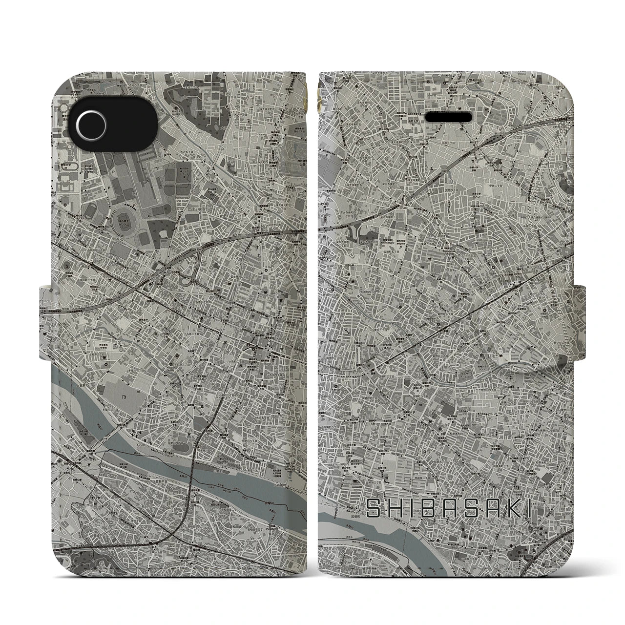 【柴崎(東京都)】地図柄iPhoneケース(手帳タイプ)モノトーン・iPhone SE(第3 / 第2世代) / 8 / 7 / 6s / 6 用