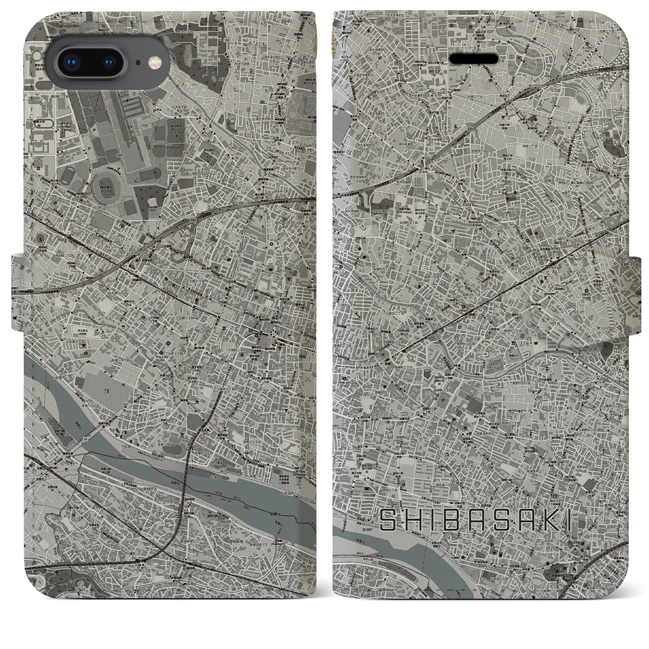 【柴崎(東京都)】地図柄iPhoneケース(手帳タイプ)モノトーン・iPhone 8Plus /7Plus / 6sPlus / 6Plus 用