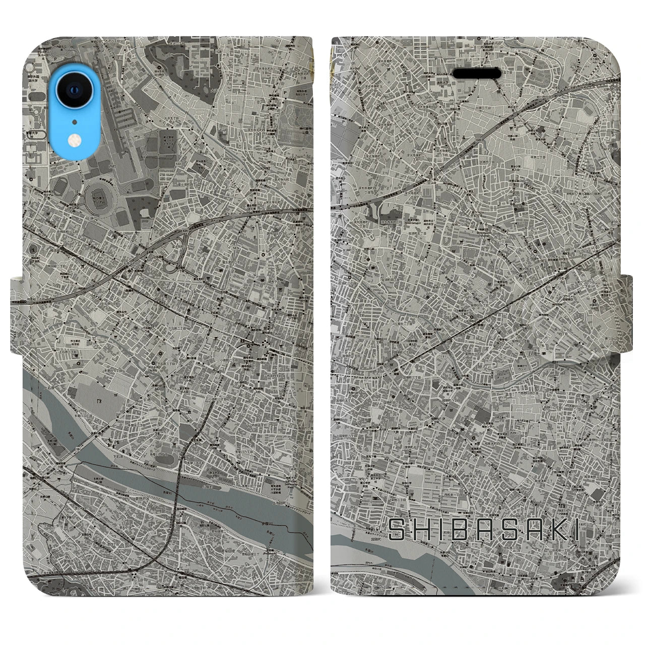 【柴崎(東京都)】地図柄iPhoneケース(手帳タイプ)モノトーン・iPhone XR 用