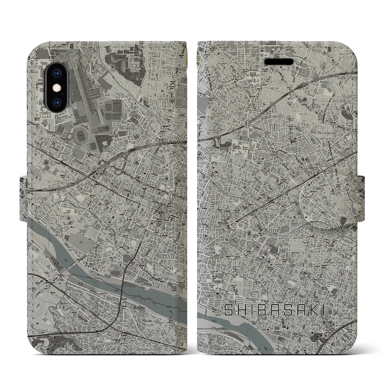 【柴崎(東京都)】地図柄iPhoneケース(手帳タイプ)モノトーン・iPhone XS / X 用