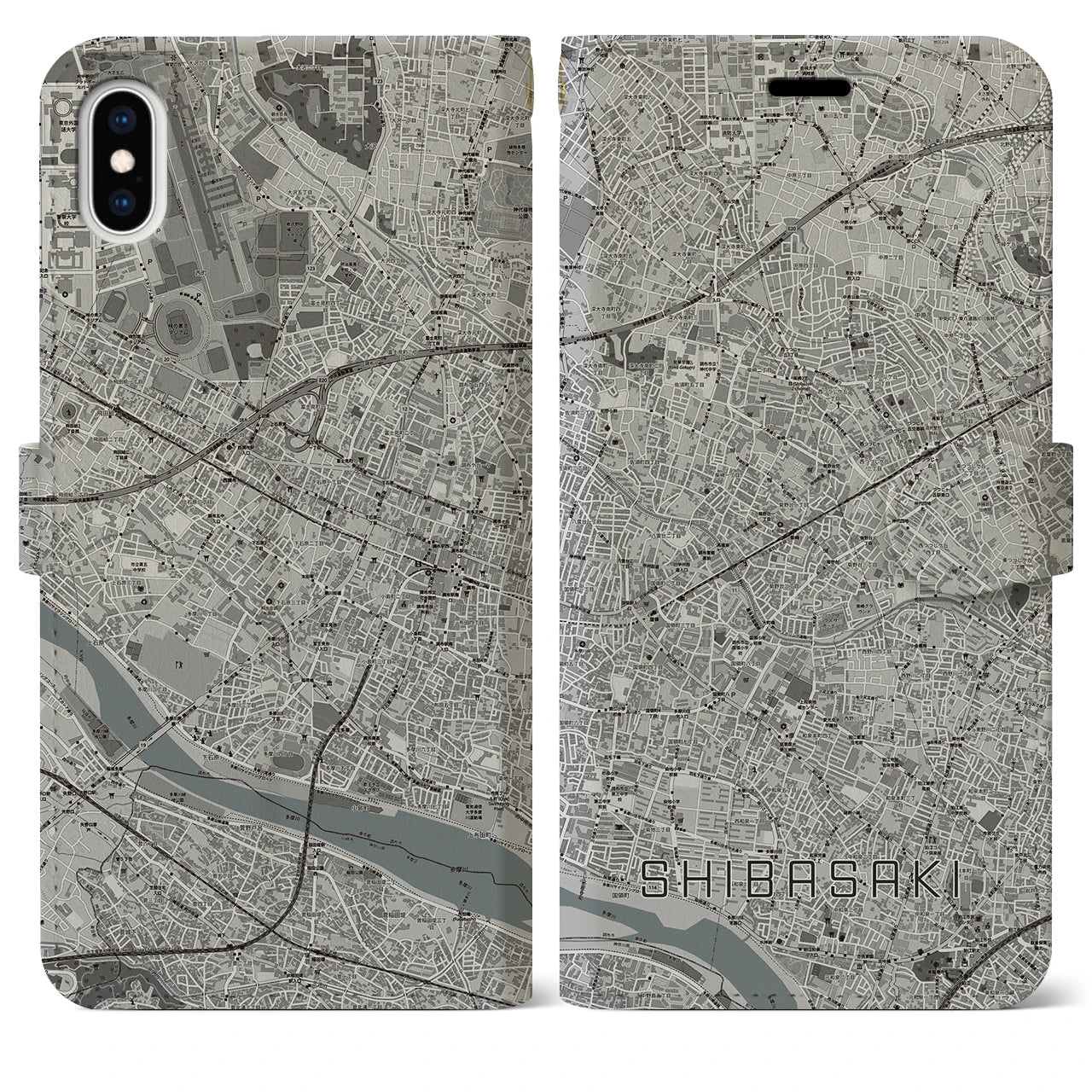 【柴崎(東京都)】地図柄iPhoneケース(手帳タイプ)モノトーン・iPhone XS Max 用