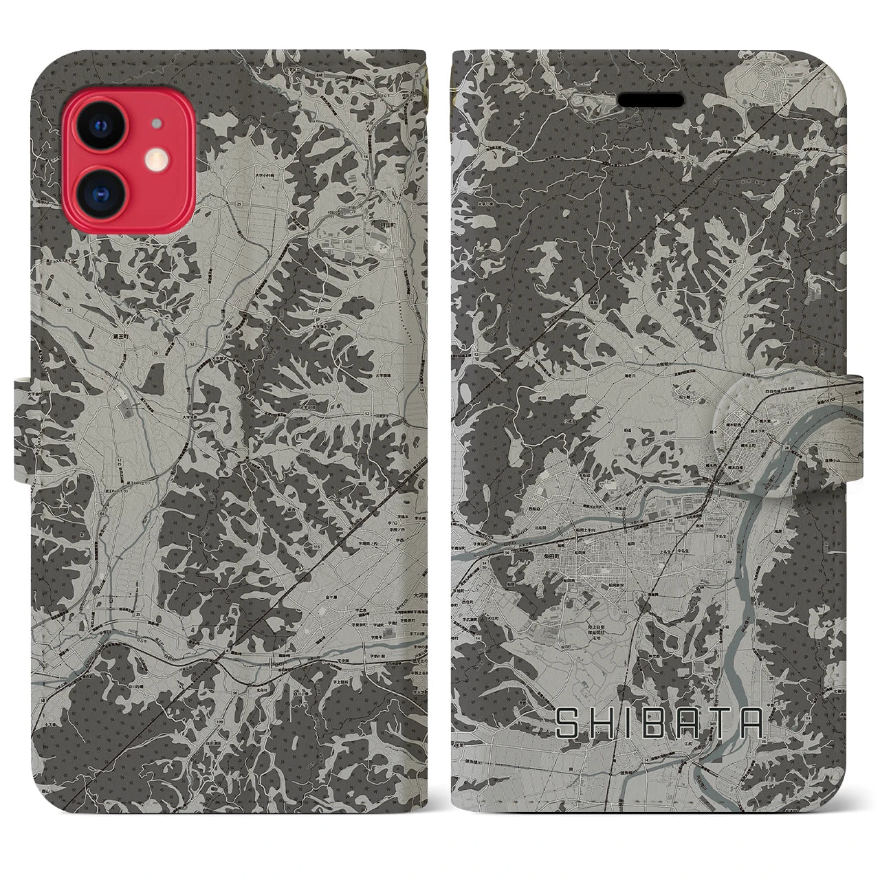 【柴田(宮城県)】地図柄iPhoneケース(手帳タイプ)モノトーン・iPhone 11 用