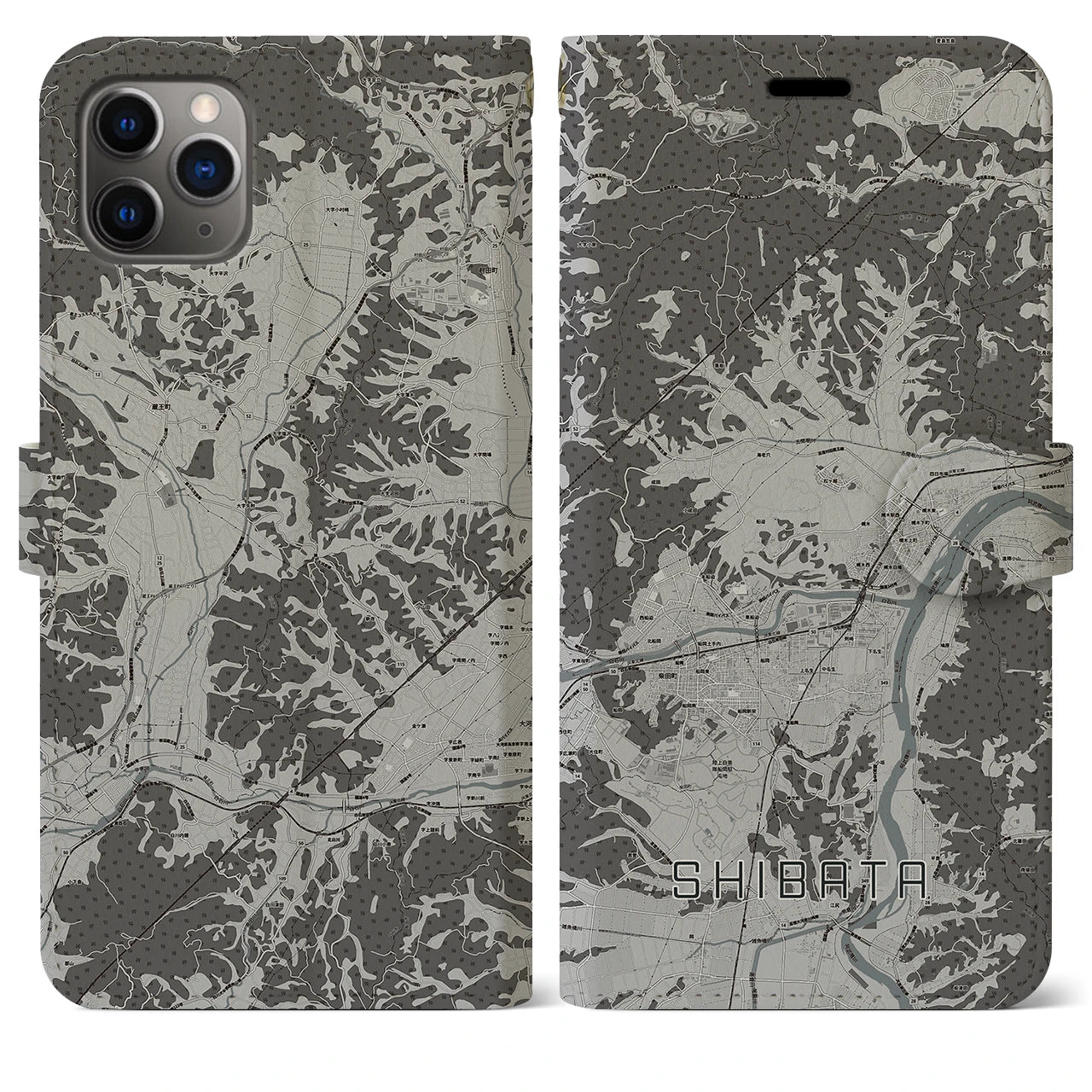 【柴田(宮城県)】地図柄iPhoneケース(手帳タイプ)モノトーン・iPhone 11 Pro Max 用