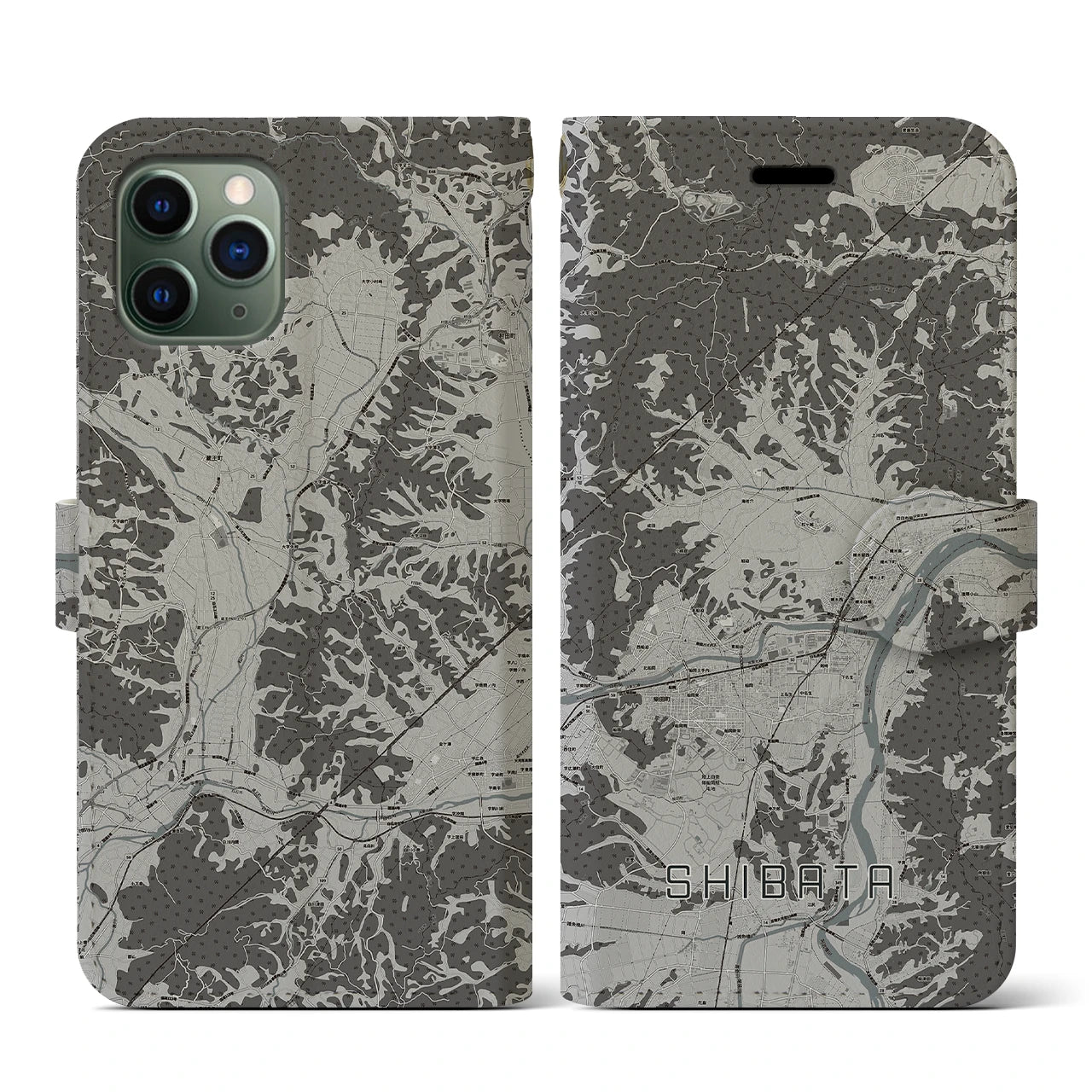 【柴田(宮城県)】地図柄iPhoneケース(手帳タイプ)モノトーン・iPhone 11 Pro 用