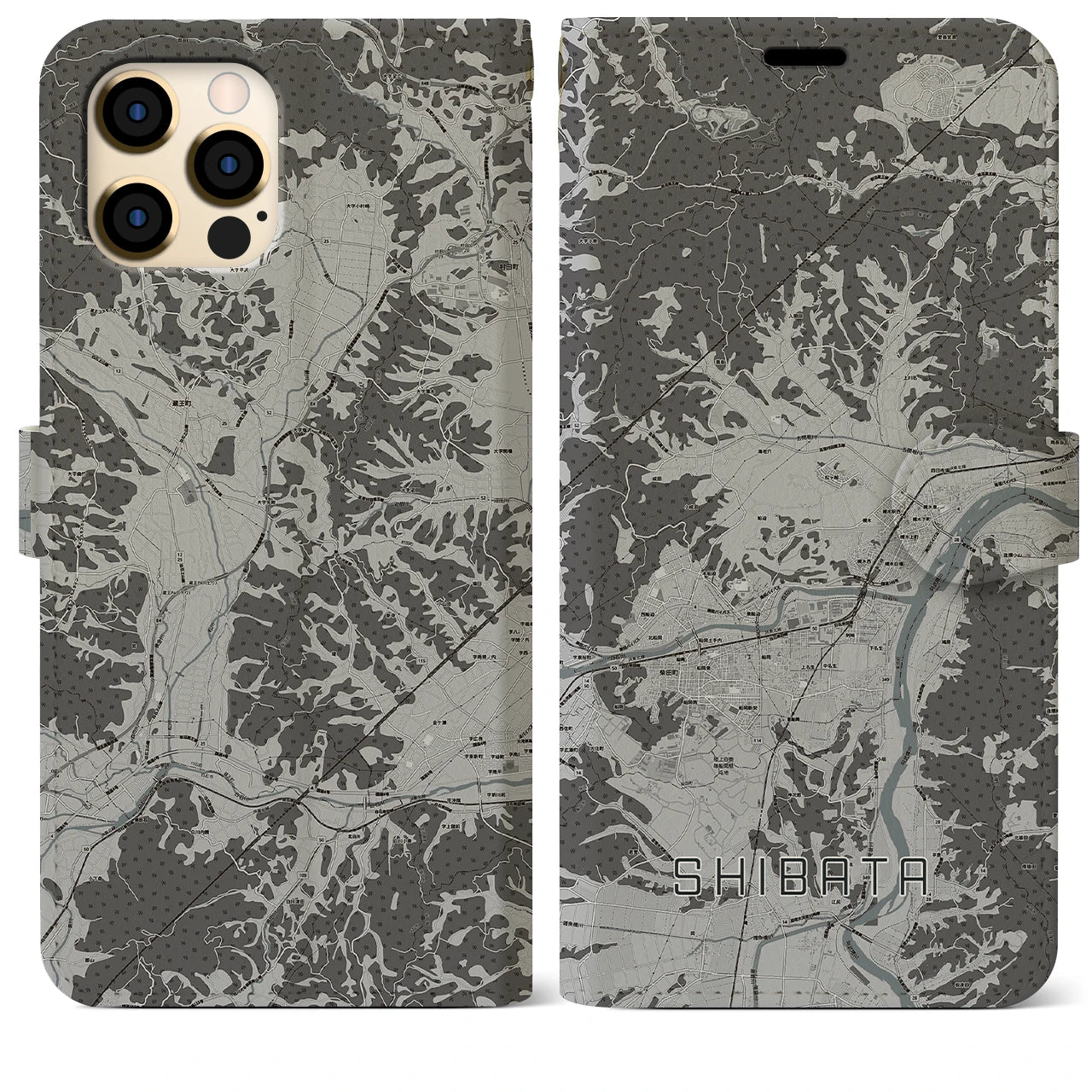 【柴田(宮城県)】地図柄iPhoneケース(手帳タイプ)モノトーン・iPhone 12 Pro Max 用