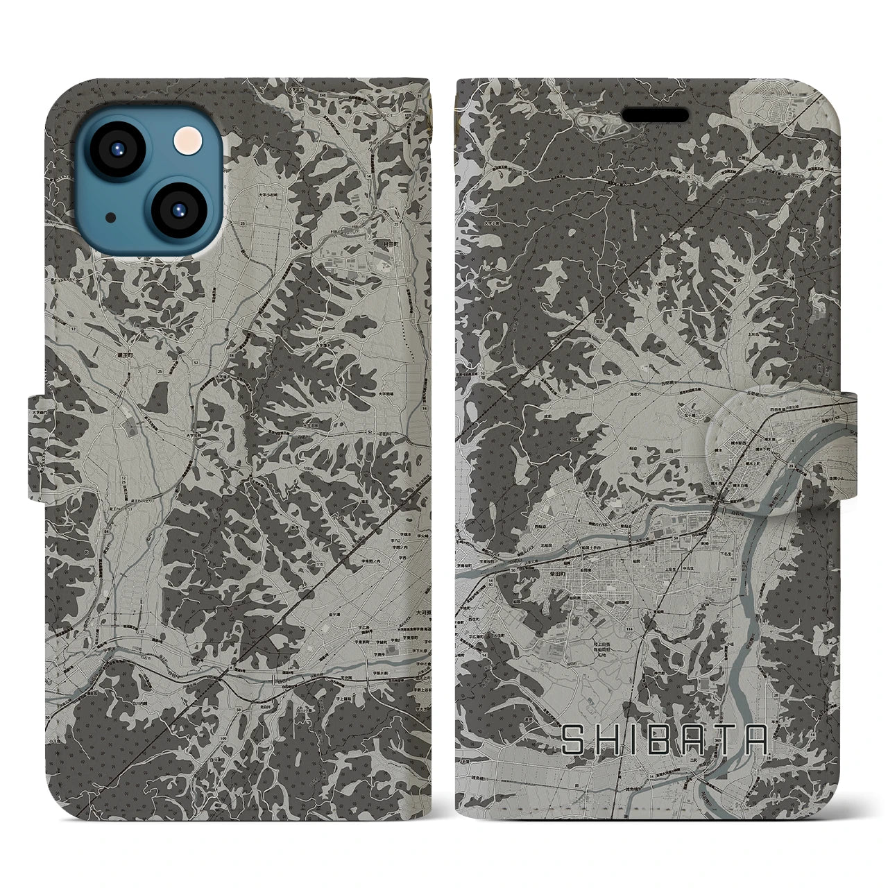 【柴田(宮城県)】地図柄iPhoneケース(手帳タイプ)モノトーン・iPhone 13 用