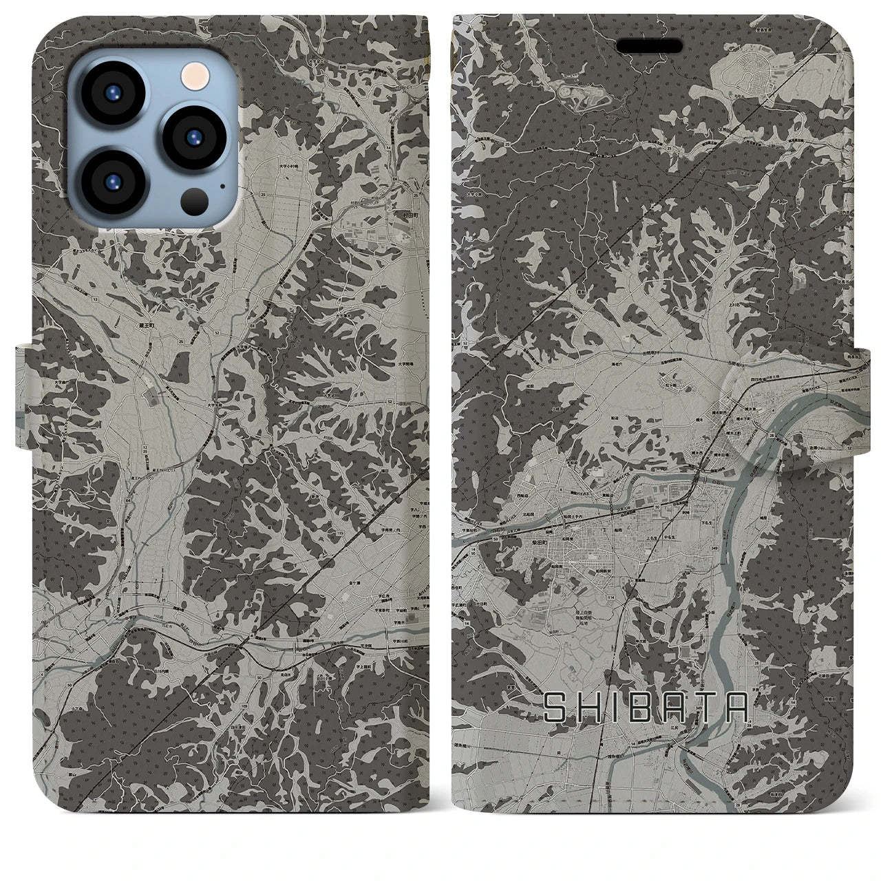 【柴田(宮城県)】地図柄iPhoneケース(手帳タイプ)モノトーン・iPhone 13 Pro Max 用