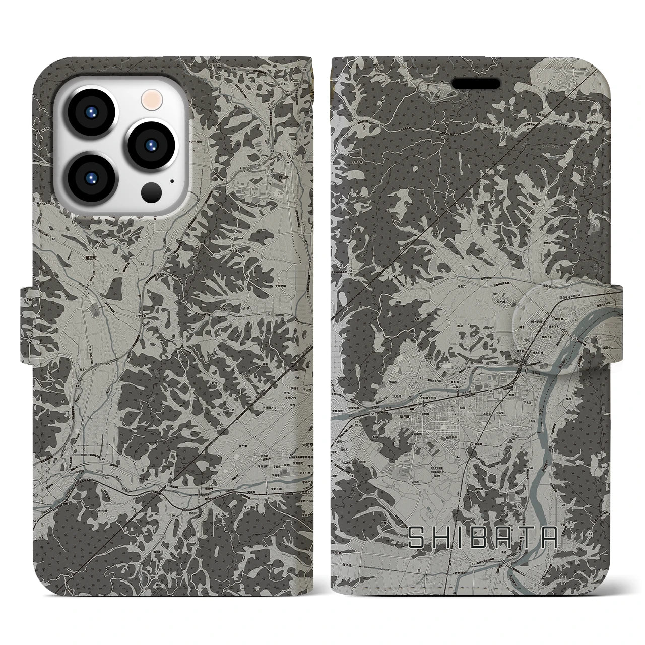 【柴田(宮城県)】地図柄iPhoneケース(手帳タイプ)モノトーン・iPhone 13 Pro 用