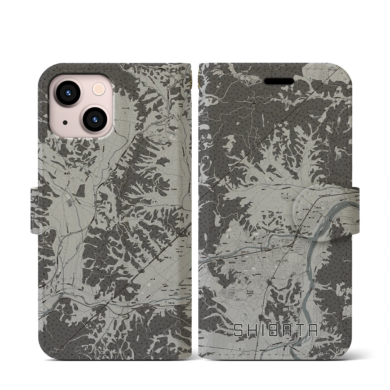 【柴田(宮城県)】地図柄iPhoneケース(手帳タイプ)モノトーン・iPhone 13 mini 用