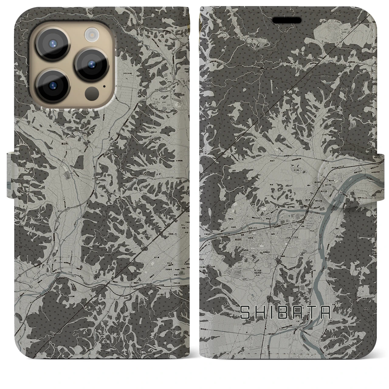 【柴田(宮城県)】地図柄iPhoneケース(手帳タイプ)モノトーン・iPhone 14 Pro Max 用