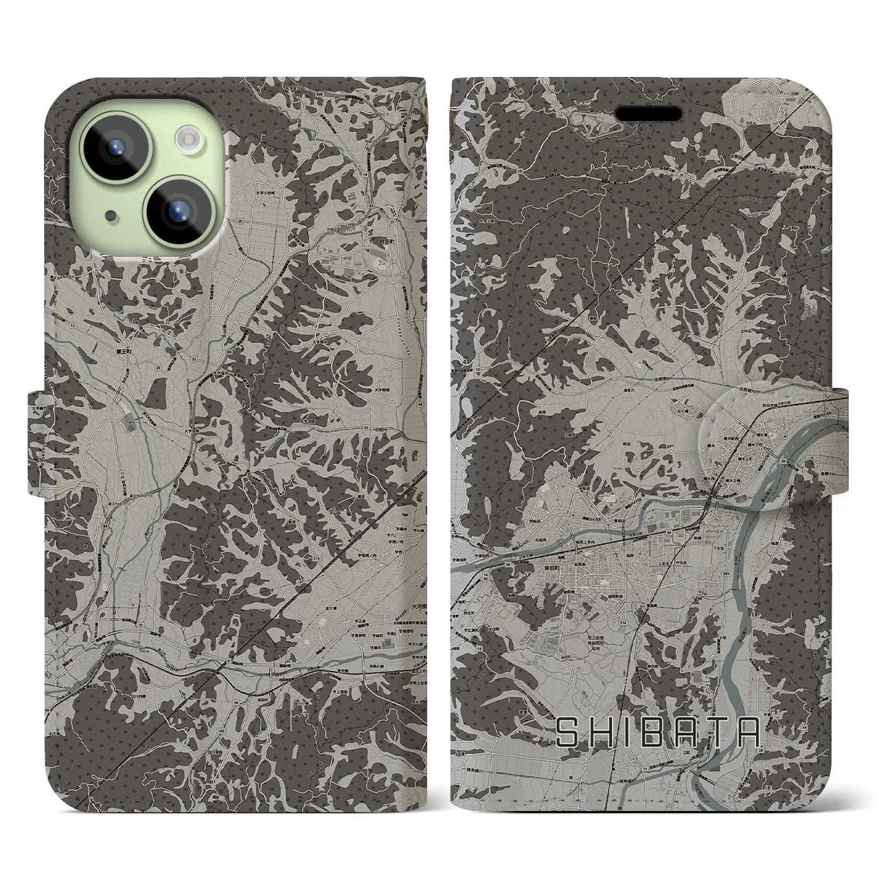 【柴田(宮城県)】地図柄iPhoneケース(手帳タイプ)モノトーン・iPhone 15 用