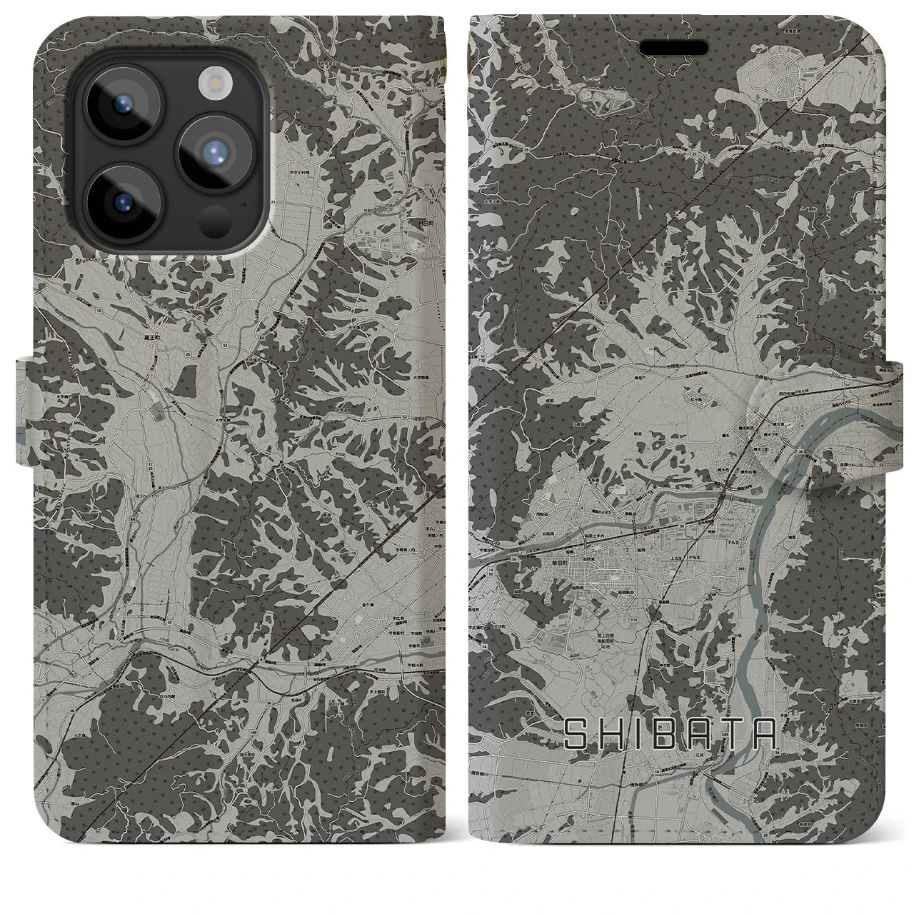 【柴田(宮城県)】地図柄iPhoneケース(手帳タイプ)モノトーン・iPhone 15 Pro Max 用